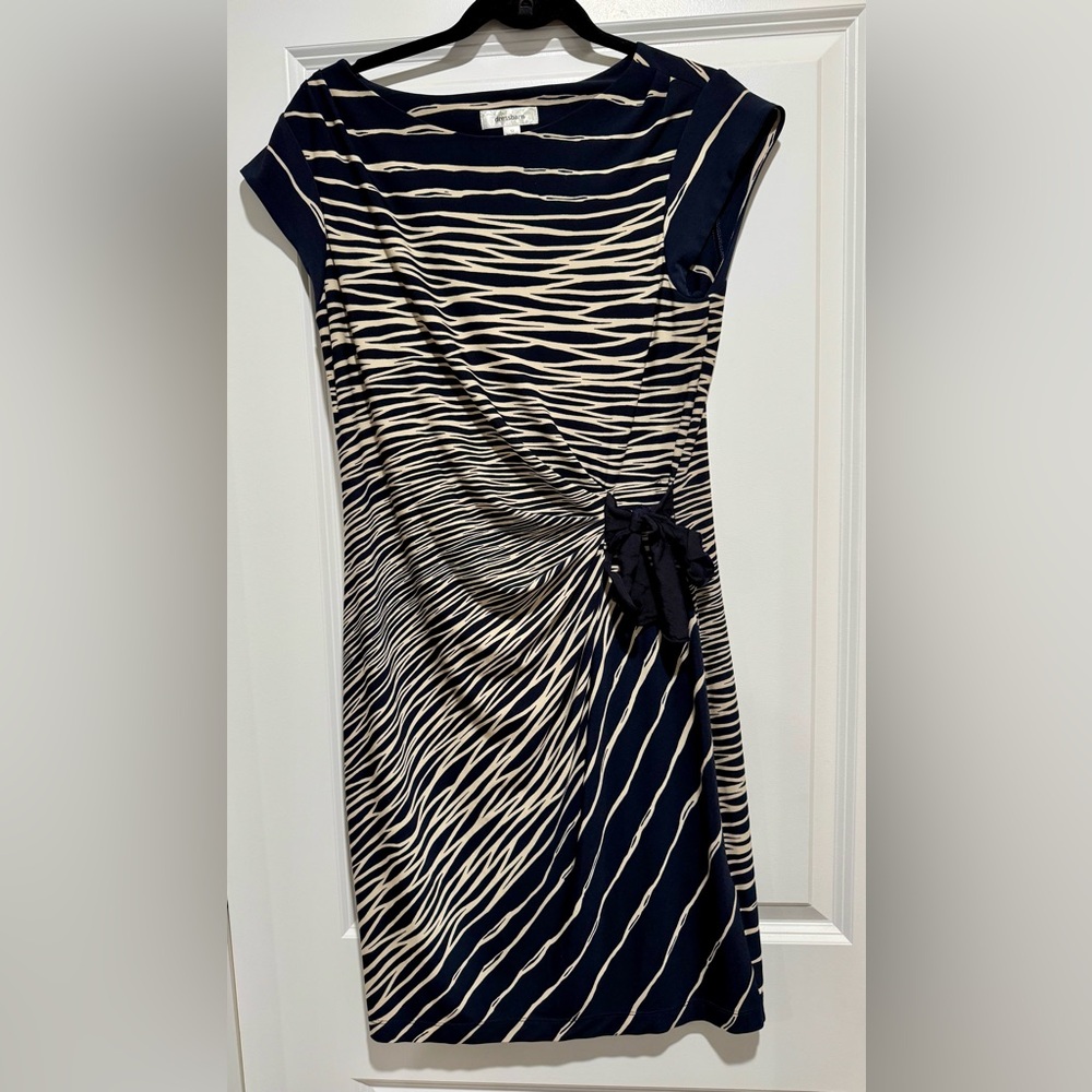 dressbarn Navy and‎ Tan Faux Wrap Dress